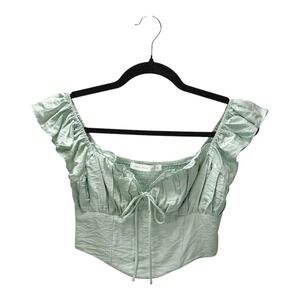 Altar'd State Sage Green‎ Ruffle Sleeve Tie Front Smocked Crop Top XS